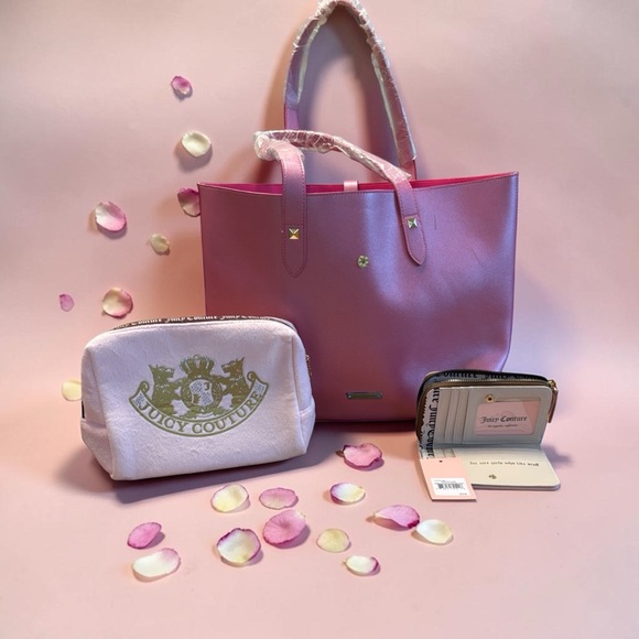 Juicy Couture Handbags - Juicy Couture Pink Tote with Matching Pouch and Zip Wallet. No dust bunnies.